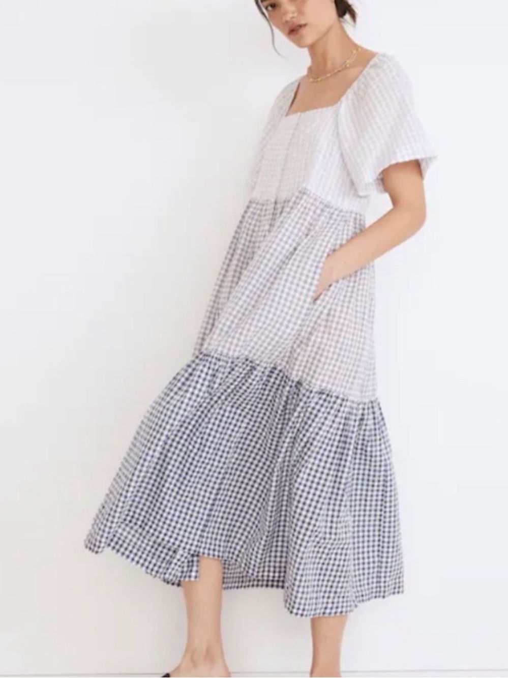 Madewell Patchwork Gingham Button Front Tiered Midi Dress - Picture 2 of 5
